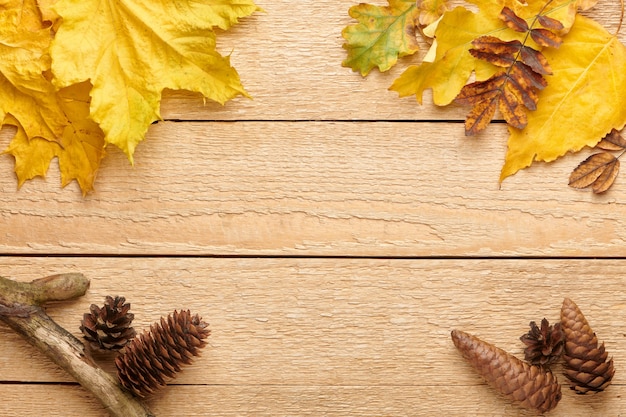 Herbstlaub auf Holztisch. Herbstmodellhintergrundkonzept. Draufsicht mit Kopienraum.