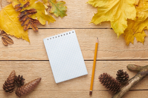 Herbstlaub und leeres Notizbuchpapier mit Bleistift auf Holztisch. Herbstmodellhintergrundkonzept. Draufsicht mit Kopienraum.
