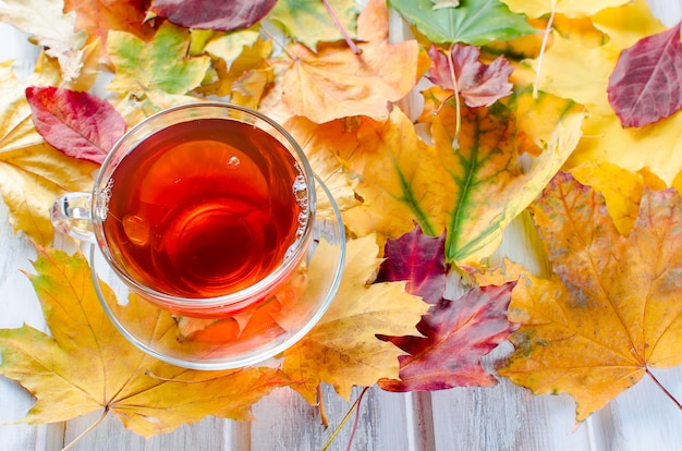 Herbstlaub und Tasse Tee auf Holztisch