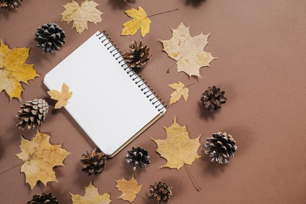 Herbstlaubmuster mit Stößen und Notizbuch auf braunem Hintergrund.