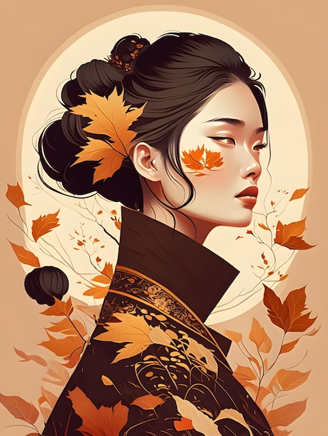 Herbstliche asiatische Mädchenillustration