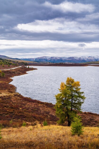 Herbstliche Berglandschaft, das Ufer des Uzunkelsees. Bezirk Ulagansky, Republik Altai, Russland