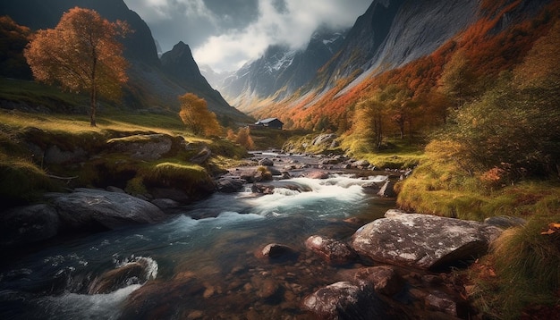 Herbstliche Berglandschaft, majestätische Gipfel, bunte Blätter, ruhiges fließendes Wasser, erzeugt durch künstliche Intelligenz