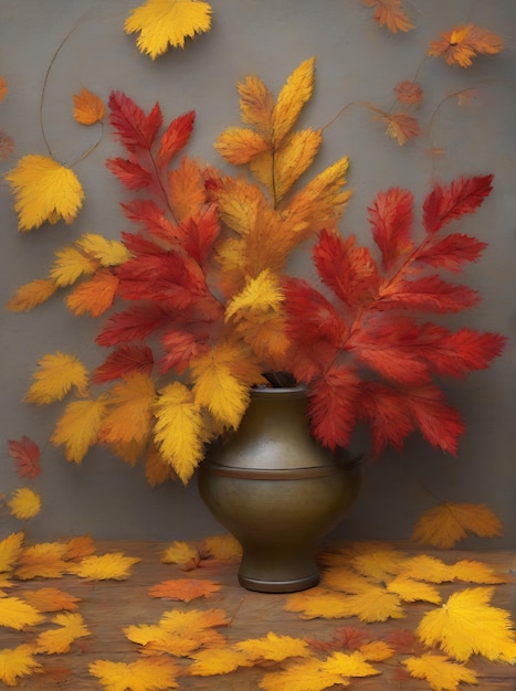 Herbstliche Blumenszene mit gemaltem Hintergrund mit roten und gelben Blättern, 3D-Schatten, lebendigen Farbtönen aus der Kodachrome-Farbpalette, generativ von KI generiert