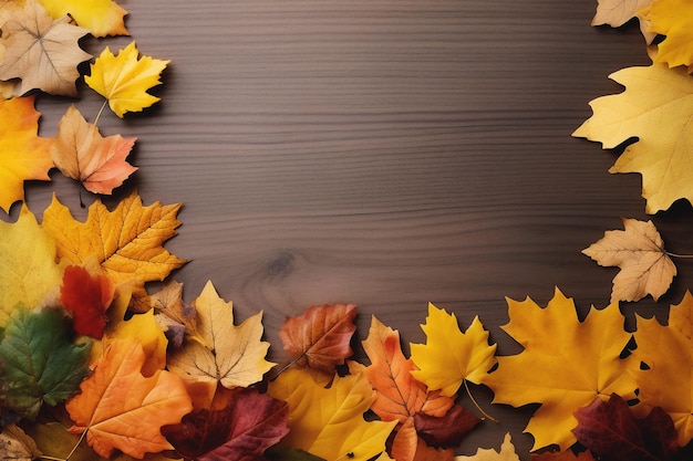 Herbstliche flache Lage mit Blättern auf dem Holzhintergrund