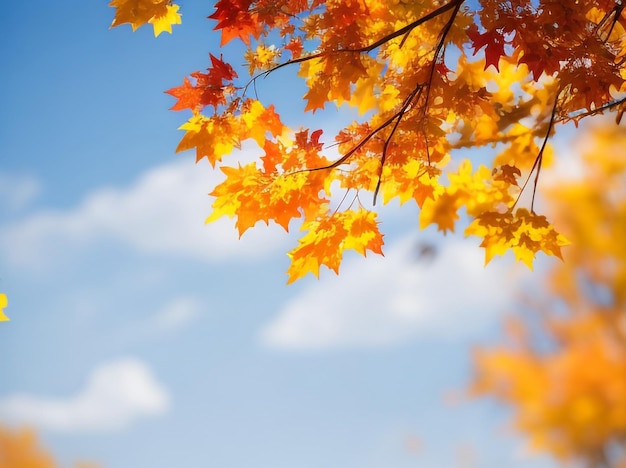 Herbstliche Gelassenheit Bunte Herbstbaumblätter vor Himmelsweinlesehintergrund