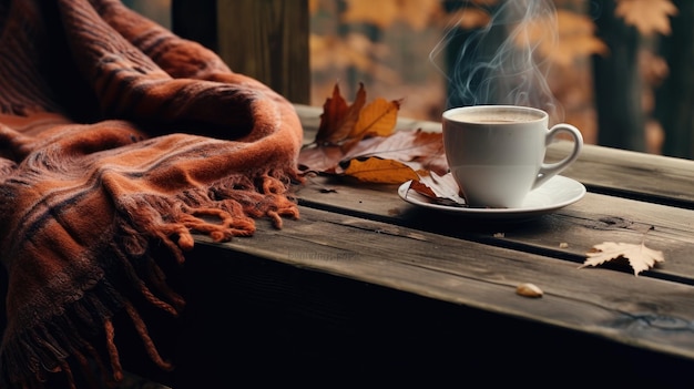 Herbstliche gemütliche Komposition mit grau weichem Plaid und einer Tasse Kaffee, die mit Generative Al-Technologie erstellt wurde