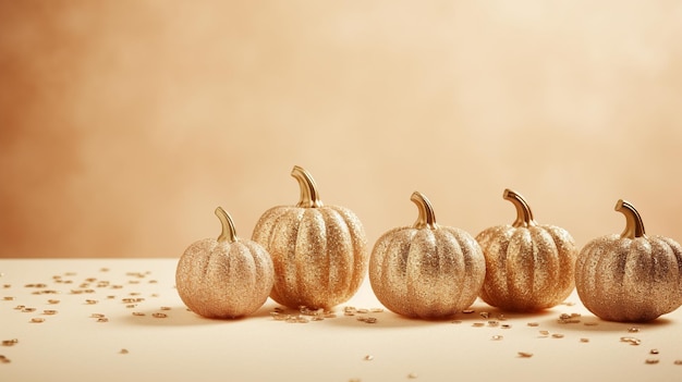 Herbstliche goldene Kürbisse in Glitzer Halloween-Dekoration Hintergrund gelb