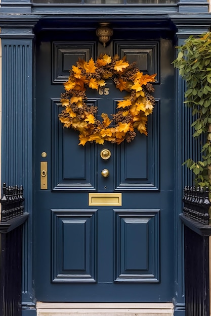 Herbstliche Kranzdekoration an einem klassischen Türeingang, der die Herbstferienzeit mit herbstlichen Dekorationen und nachbearbeiteter generativer KI begrüßt