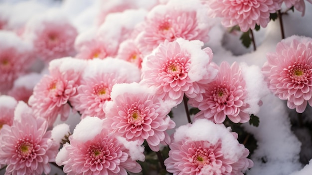 Herbstliche rosa Chrysanthemenblüten im Schnee