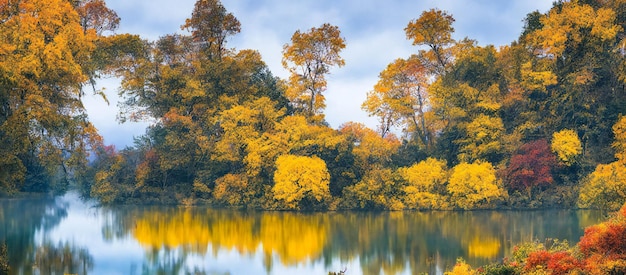 Herbstliche Seenlandschaft, bunte Bäume und Wolken, 3D-Rendering