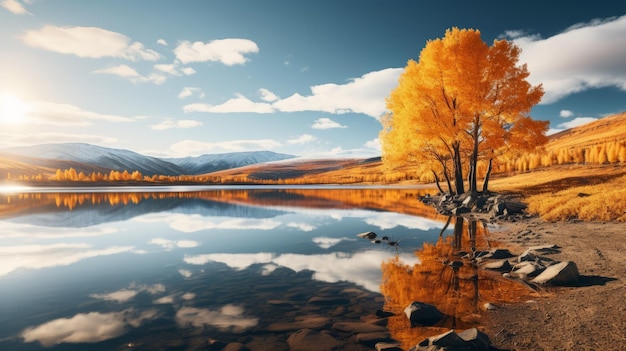 Herbstliche Serenity Tundra und Pappel, die lebendige Farben an einem ruhigen See widerspiegeln