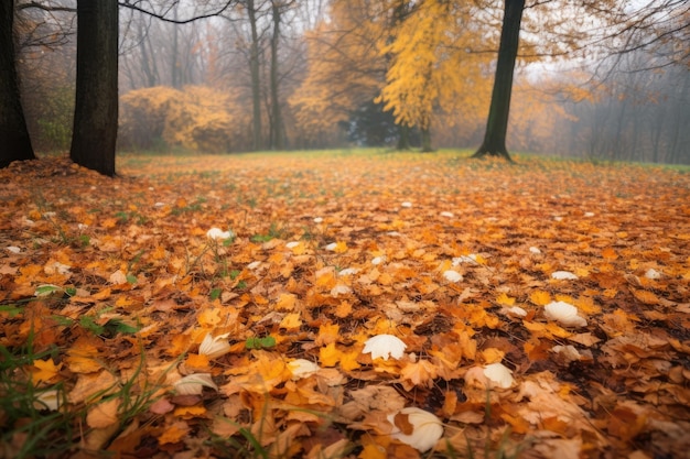 Herbstliche Szene mit gelben und orangefarbenen Blättern auf dem Boden, erstellt mit generativer KI