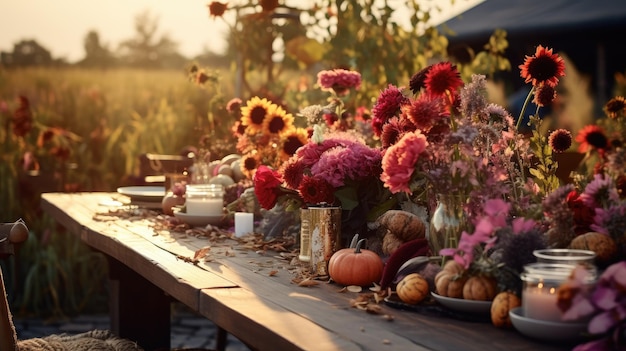 Herbstliche Tischgestaltung im Freien mit Kürbissen und Blumen Generative Ai