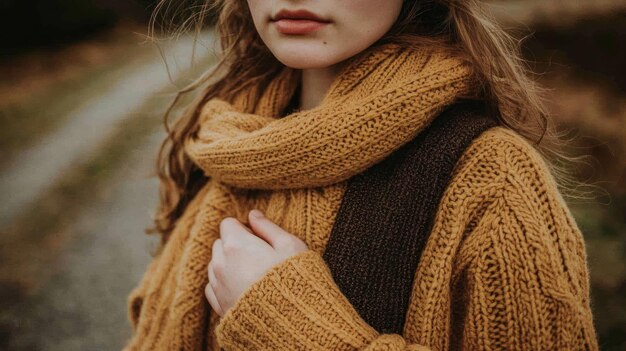 Herbstliche Umarmung Eine Nahaufnahme einer Frau in einem gemütlichen Strickpullover