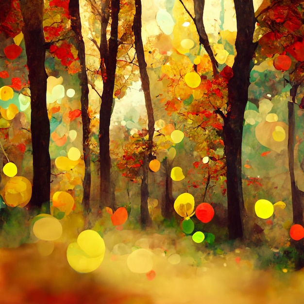 Herbstliche Waldlandschaft Bunte Aquarellmalerei der Herbstsaison Rote grüne und gelbe Bäume