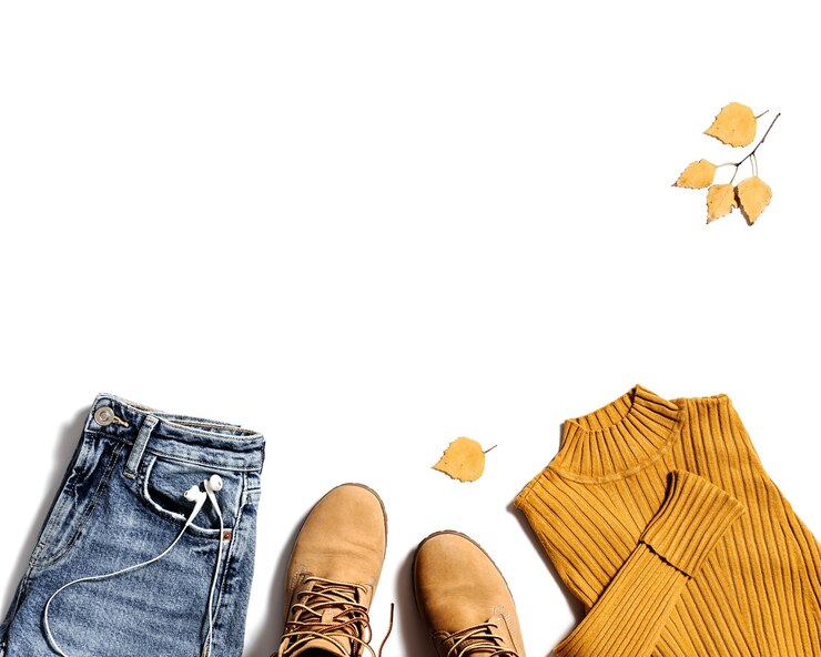 Foto herbstliche warme kleidung, bequeme rote schuhe, gelber pullover oder rollkragenpullover, blaue jeans, isoliert auf weiß