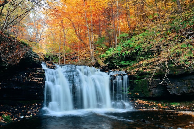 Herbstliche Wasserfälle im Park mit buntem Laub.