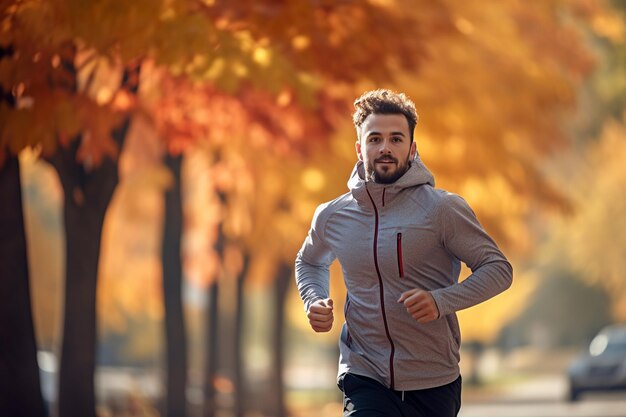 Herbstlicher Fitness-Mann läuft in einem farbenfrohen Park