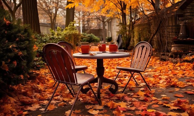 Herbstlicher Gartentisch und Stühle im Herbst. Erstellt mit generativen KI-Tools