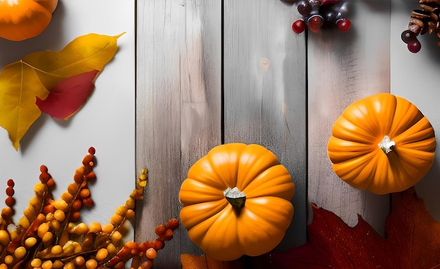 Herbstlicher Hintergrund. Flache Lage mit Kürbissen, abgefallenen Blättern und Früchten auf Holztisch. das Erntedankfest