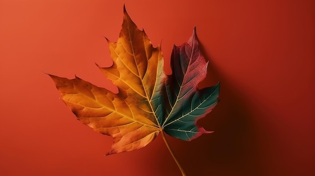 Herbstlicher Minimal-Art-Traum Herbstliches Ahornblatt auf einem farbigen minimalen Hintergrund Generative Ai