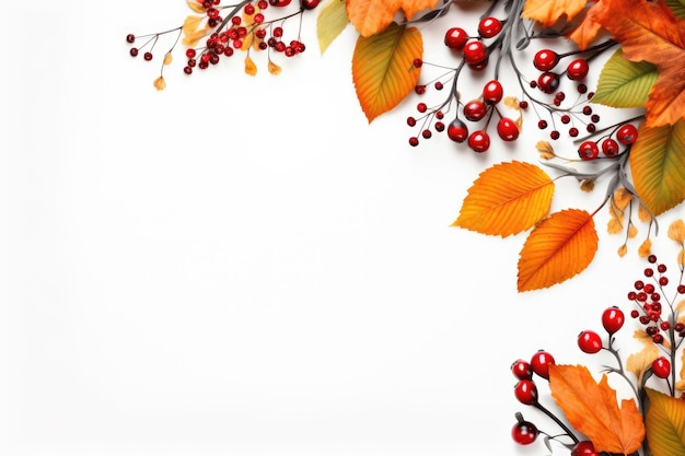 Herbstlicher Rahmen aus Blättern und Beeren auf weißem Hintergrund