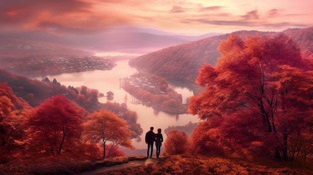 Herbstliches Flusspaar, das die Landschaft bewundert
