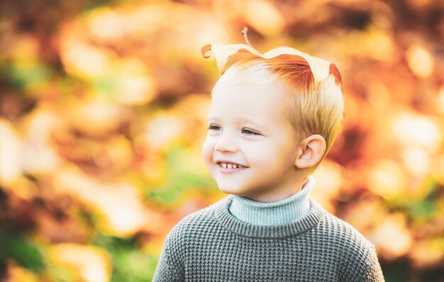 Herbstliches glückliches Kind hat Spaß und spielt mit gefallenen goldenen Blättern. Süßer kleiner Junge genießt die Herbstnatur
