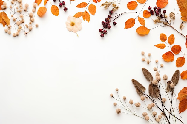 Herbstliches Stillleben mit getrockneten Blättern, Blumen und Beeren auf weißem Hintergrund. Fangen Sie die Essenz von ein