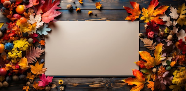 Herbstliches Web-Banner-Mockup mit Leerraum. Ahornblätter um das Mockup herum, Draufsicht, AI generiert