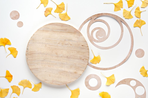 Herbstmodell mit Ginko-Blättern und beigem Natursteinsockel Draufsicht flach Fibonacci-Folgekreis Symbol der Perfektion Harmonie Goldener Schnitt Konzept Herbsthintergrund Papierkunst