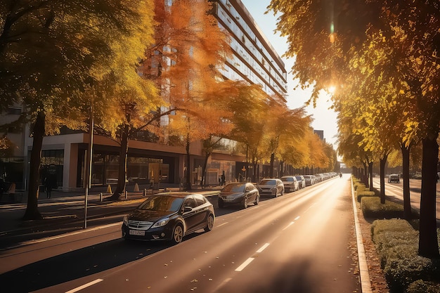 Herbstmoderne Stadt im Sonnenlicht mit Straßen und Autos