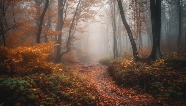 Herbstnebel verschleiert Rätsel auf von KI generierter Landstraße