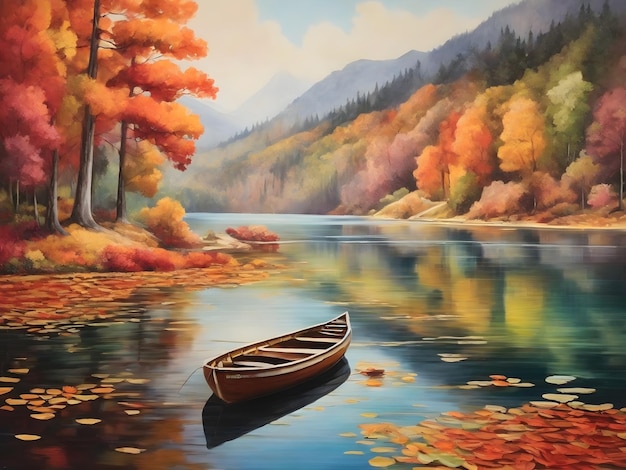 Herbstpalette Ruhiger See inmitten des lebendigen Waldes Boot in der Umarmung der Natur