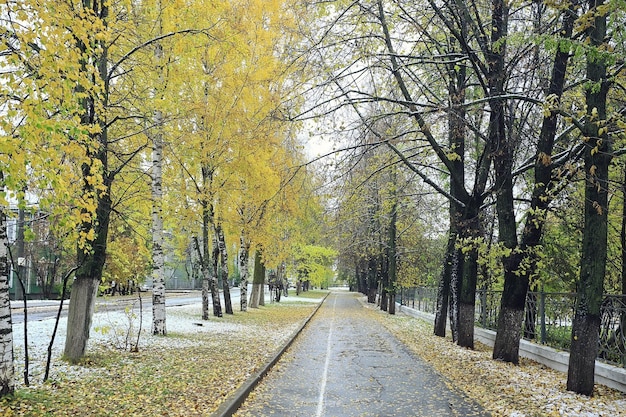 Herbstpark in der Hintergrundlandschaft der Stadt, abstrakte Herbstansicht