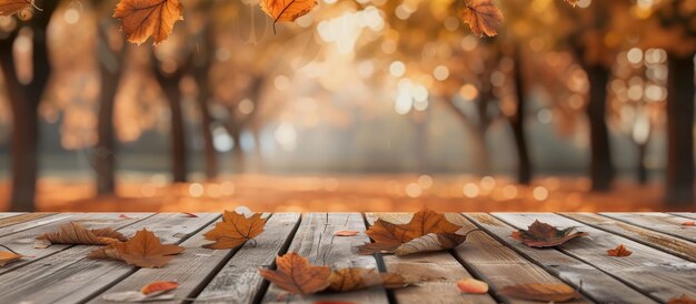 Herbstpark mit verschwommenem Hintergrund mit gefallenen trockenen Orangenblättern auf Holzbrettern