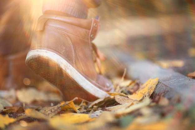 Herbstparkmann, der entlang eines Pfadlaubs geht