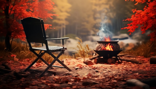 Herbstpicknick im Wald am Lagerfeuer