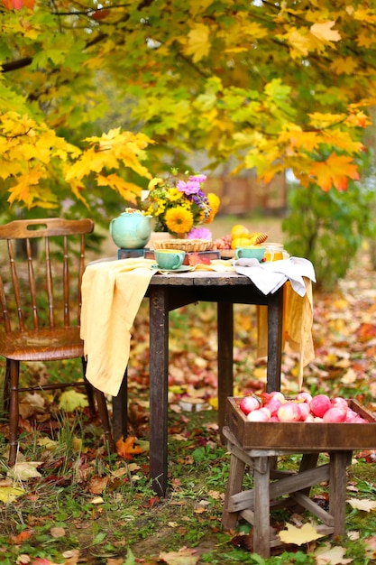 Herbstpicknick Teeparty mit schönen Kesselbechern am Holztisch im Garten Erntefest Honig mit Stocklöffel Apfelkuchen Kaki Trauben Ahornblatt Blumen gelbe Leinentischdecke
