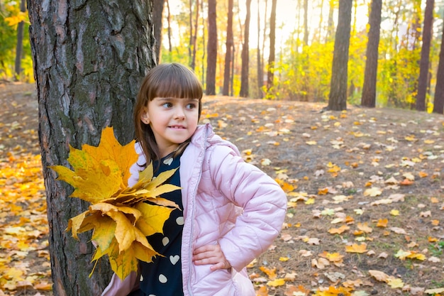 Herbstporträt eines Kindes im Freien mit Ahornblättern spielt an einem sonnigen Tag im Park