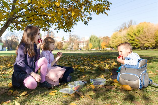 Herbstporträt von Kindern mit Brotdosen, Schulrucksäcken