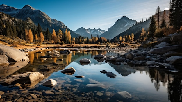 Herbstpracht, ruhiger See, umgeben von lebhaften Tannen