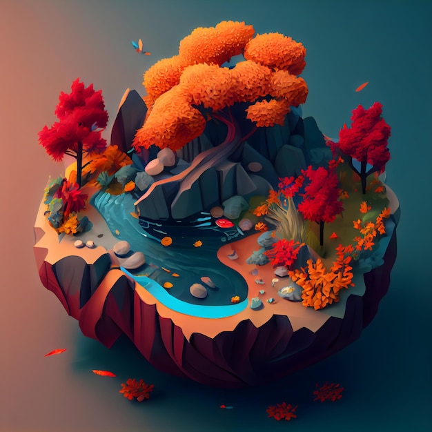 Herbstsaison isometrische Diorama-Insel im generativen ai im 3D-Modellstil