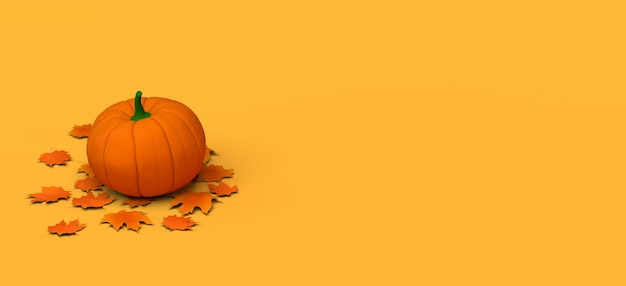 Herbstsaisonfahne mit geerntetem Kürbis auf trockenen Blättern. 3D-Darstellung. Platz kopieren. Header.