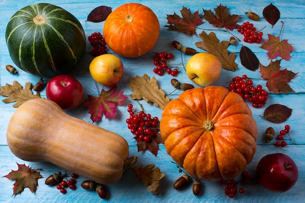 Herbstsaisongemüse und -früchte auf dem Blau hölzern.