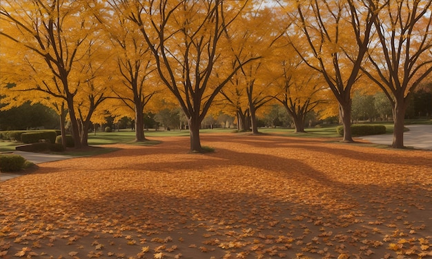 Herbstschöne blühende Bäume in voller Blüte Die trockenen Blätter auf dem Boden AI Generativ