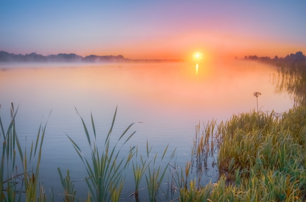 Foto herbstsonnenaufgang über dem see