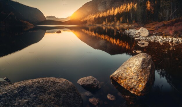 Herbstsonnenuntergang über Kiefernwald und felsiger Küste im Altai-Gebirge