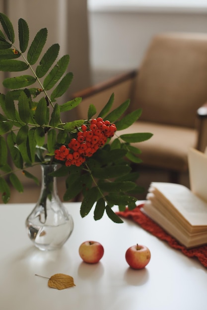 Herbststillleben mit einem Vogelbeerzweig in einem Vasenbuch und Äpfeln in einem gemütlichen Wohnambiente